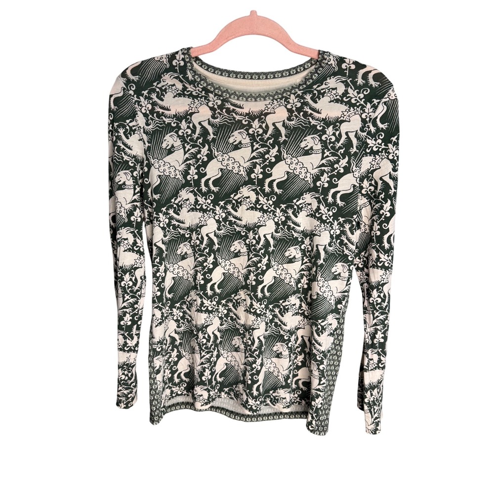 Tory Burch‎ Green Cream Mythic Print Long Sleeve Top XS Dogs Dragons Rare Knit